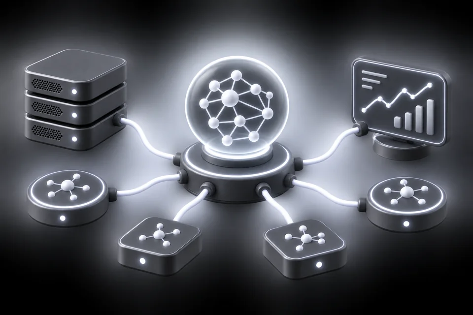Neural network connected to servers and analytics representing AI and data