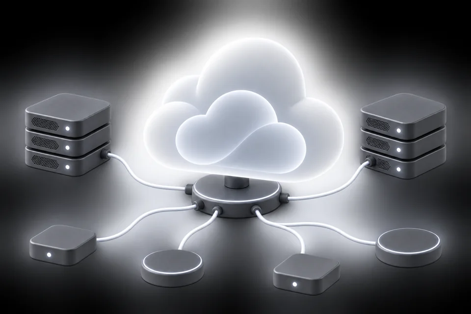 Cloud connected to servers and network devices representing cloud computing