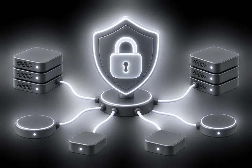 Shield and padlock connected to servers representing cybersecurity