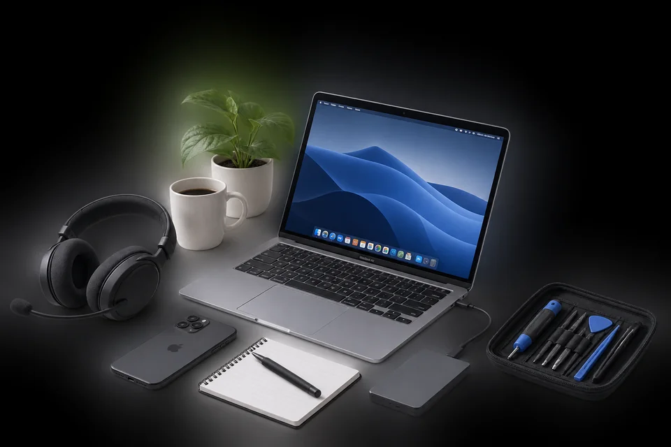 Laptop, headset and repair tools representing IT support